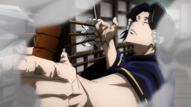 Kamo uses a bow and arrow (Cursed Tools) to corner Megumi Fushiguro. via JJK EP18