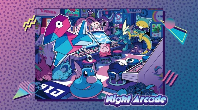 Merchandise Featuring Pokémon in a Nighttime Game Arcade Setting
