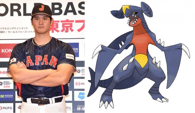 Shohei Ohtani and Garchomp, the powerhouse Pokémon from Pokémon series.