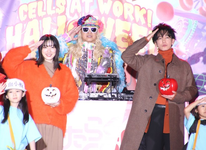 Stars Mei Nagano, DJ KOO, and Takeru Satoh at the 'Cells at Work!' Halloween Party in Tokyo (C) ORICON News Inc.