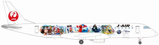 From the front of the aircraft: Illuminated Minions, Harry Potter™, Elmo and Cookie Monster from Sesame Street, Woody Woodpecker, and Mario and Donkey Kong from Super Nintendo World.