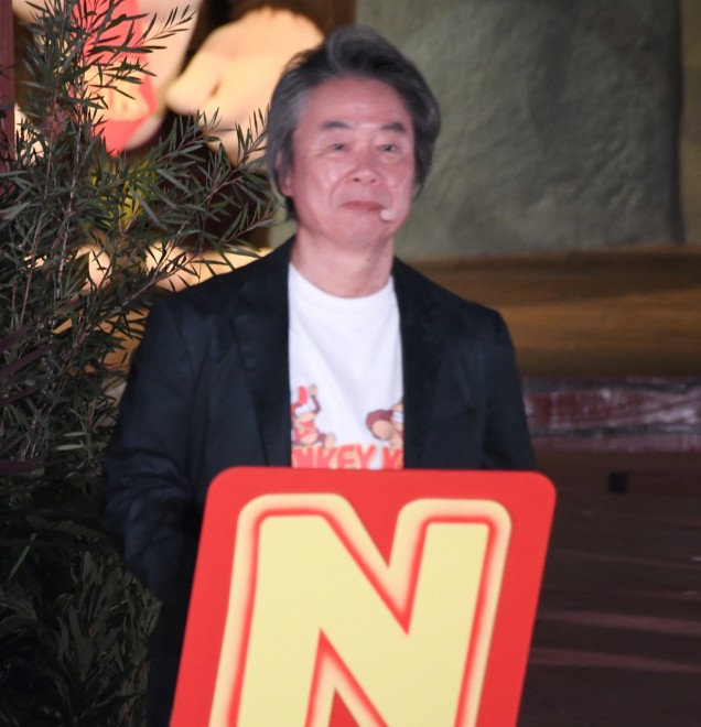 Shigeru Miyamoto speaks at the Donkey Kong Country grand opening event at Universal Studios Japan.