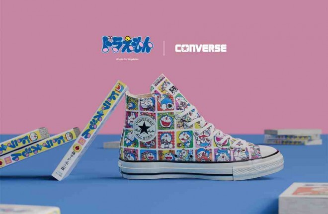 New Doraemon-themed sneakers from Converse, featuring manga scenes and iconic character art.