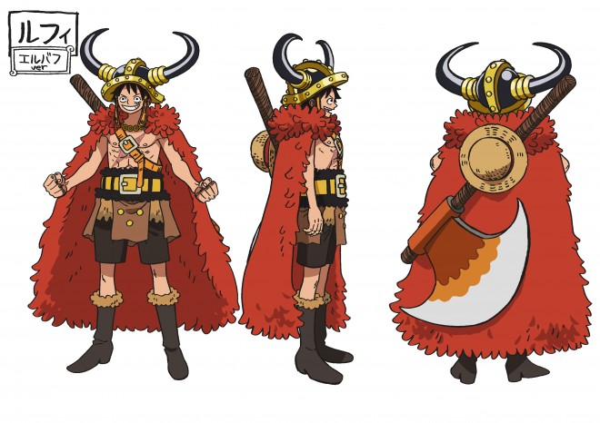 Character design of Luffy from the upcoming ONE PIECE Elbaph Arc, showing him carrying a large axe on his back.