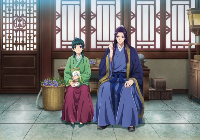 Illustration of Maomao and Jinshi from The Apothecary Diaries holding Tsumura’s throat candies in the first collaboration campaign.