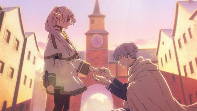 Himmel kneeling before Frieren and placing a ring on her finger, resembling a marriage proposal