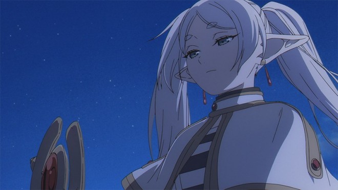 Frieren casting a cold, merciless gaze at a monster