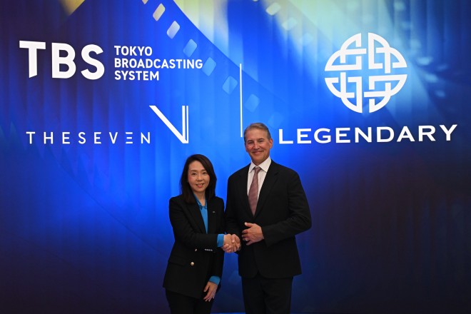 TBS Holdings executive Yayoi Nakatani and Legendary Entertainment CEO Josh Grode announcing a strategic partnership to expand Japanese IP globally