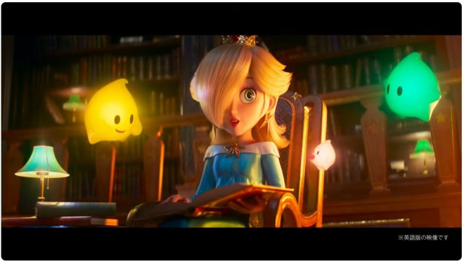 Scene cut from The Super Mario Galaxy Movie showing characters in the Mushroom Kingdom