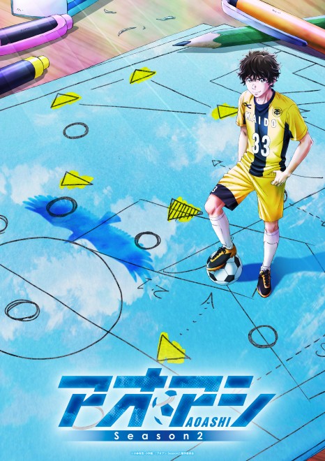 Teaser visual for Aoashi Season 2 showing Ashito Aoi standing on a soccer notebook symbolizing thinking soccer