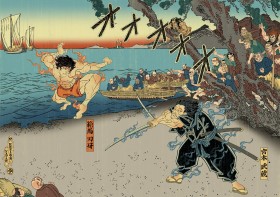 BAKI-DOU Anime Unveils Ukiyo-e Visual of Baki vs Musashi in a Reimagined Battle of Ganryujima